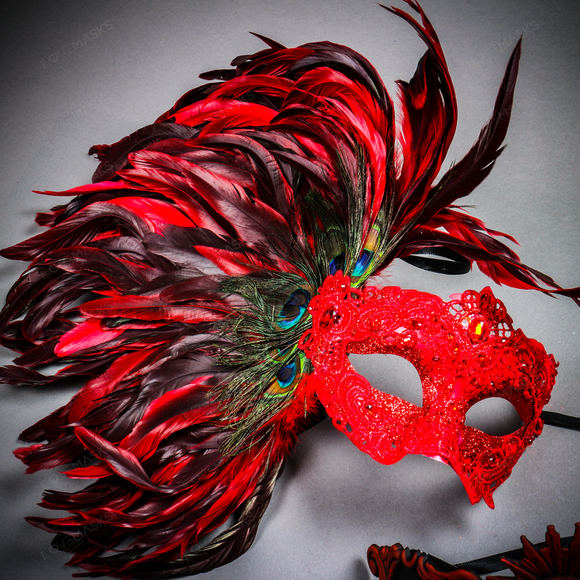 Red Roman Greek Emperor & Side Peacock Feather Lace Couple Masquerade Masks - Picture 4 of 4